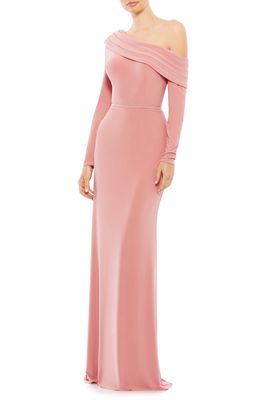 Mac Duggal One-Shoulder Jersey Trumpet Gown in Rose Gold
