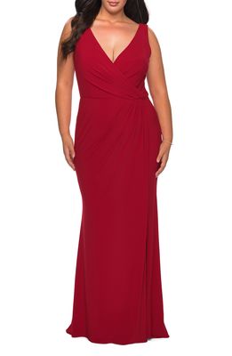 La Femme Slit Jersey Gown in Deep Red