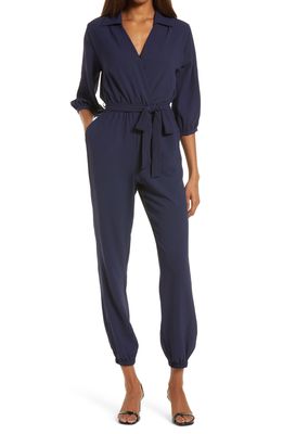 Fraiche by J Tie Waist Long Sleeve Jumpsuit in Navy