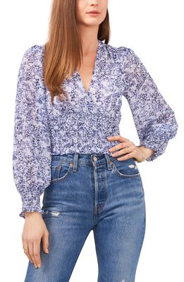 1.STATE Floral Print Smocked Waist Top in White/Blue