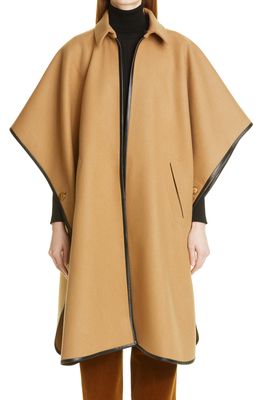 SAINT LAURENT Cashmere & Wool Cape with Leather Trim in Camel