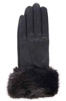 Barbour Faux Fur Trim Leather Gloves in Black