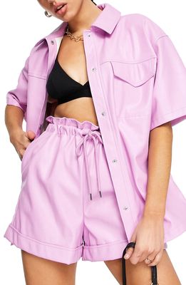 TOPSHOP Women's Short Sleeve Faux Leather Shirt in Bright Pink