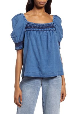 FAHERTY Presley Embroidered Detail Cotton Chambray Top in Dark Indigo Wash