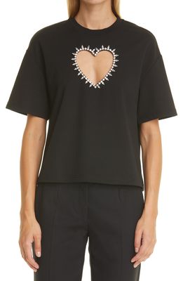 Area Crystal Embellished Heart Cutout Crop T-Shirt in Black