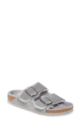 Birkenstock Arizona Genuine Shearling Slide Sandal in Dove Grey Suede/Shearling