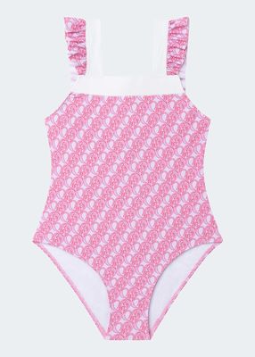 Girl's Monogram-Print Ruffle Swimsuit, Size 2-5