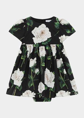Girl's Rose-Print Poplin Dress, Size 6M-36M