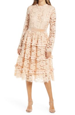 Rachel Parcell Ruffle Lace Long Sleeve Dress in Beige Almond