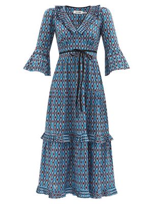 Cefinn - Cordelia Geometric-print Cotton-voile Dress - Womens - Blue