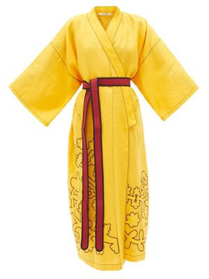 Vita Kin - Mitsuko Floral-embroidered Linen Wrap Dress - Womens - Yellow