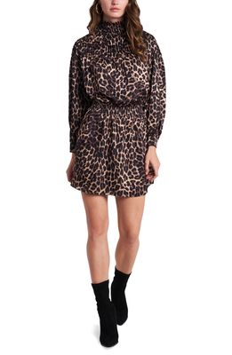 1.STATE Leopard Print Long Sleeve Smocked Dress in Luxe Animal