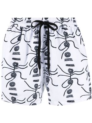 Nos Beachwear graphic-print drawstring swim shorts - White