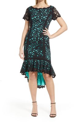 Shani Laser Cut Floral High-Low Cocktail Dress in Black/Mint