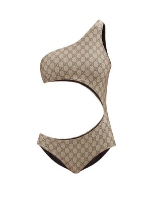 Gucci - One-shoulder Gg-jacquard Swimsuit - Womens - Beige