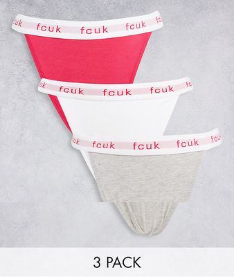 French Connection FCUK 3 pack tanga briefs in white gray and pink