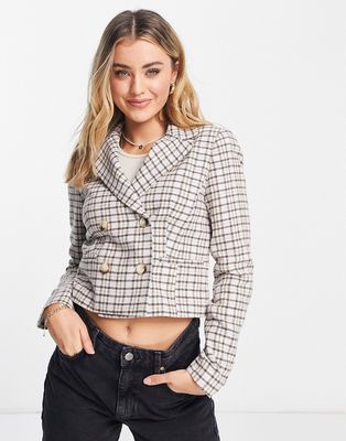 Miss Selfridge cropped military blazer in brown check