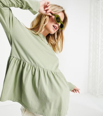 ASOS DESIGN Maternity casual smock top with long sleeve in sage green
