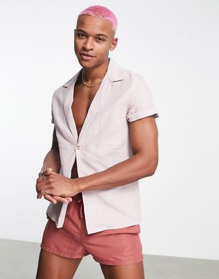 ASOS DESIGN regular linen shirt with low deep revere in light pink