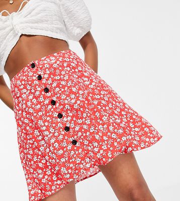 Topshop Petite floral button down flippy skirt in red