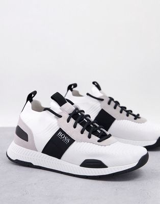 BOSS Titanium Runn knit sneakers in white/ black