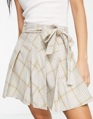 Miss Selfridge tie front pleated kilt mini skirt in stone check-Neutral