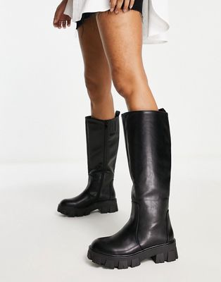 Missguided knee-high boots with cleated sole in black