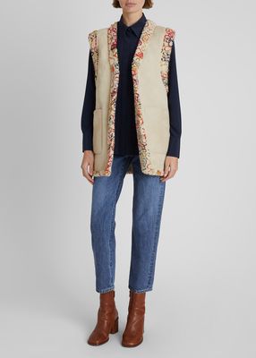 Reversible Shearling Embroidered Open-Front Vest