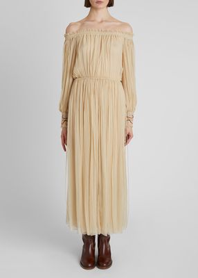 Off-the-Shoulder Pleated Swirl-Embroidered Maxi Dress