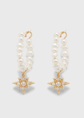 Freshwater Pearl Hoop Earrings with Diamond Starburst