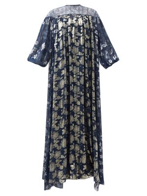 Biyan - Grandea Floral-lamé Chiffon Maxi Dress - Womens - Navy