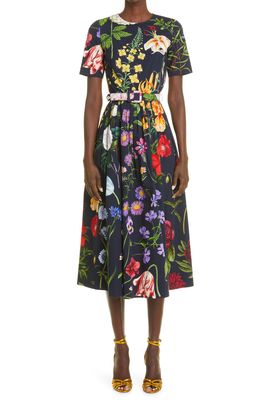 Oscar de la Renta Belted Pleated Floral Print Stretch Cotton Midi Dress in Navy Multi