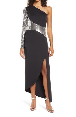 SHO by Tadashi Shoji Sequin One-Shoulder Scuba Dress in Black/Platinum