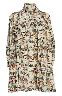 Khaite Eloise Tiger Print Long Sleeve Pleated Silk Minidress in Natural /Multi