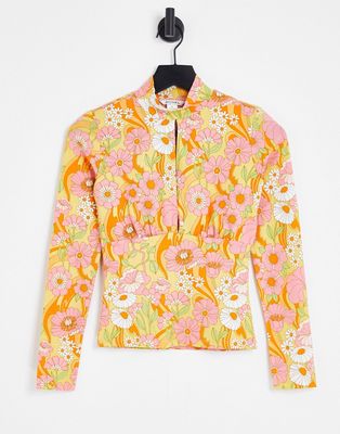 Monki cut out long sleeve top in retro floral-Multi