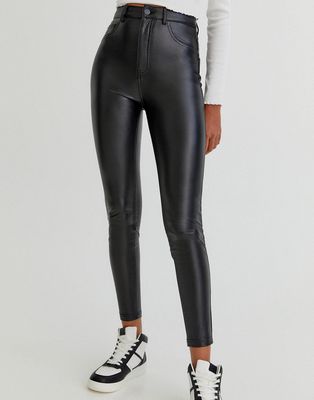 Pull & Bear faux leather skinny pants in black