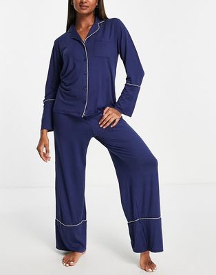 Loungeable super soft jersey revere top and wide leg pajama set with piping detail in navy