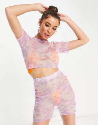 Brave Soul mesh crop tee and skirt beach set in pink and lilac retro floral print-Purple