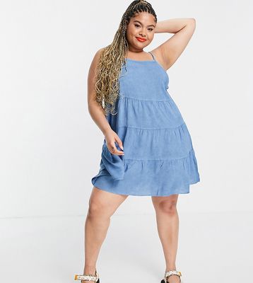 Wednesday's Girl Curve mini cami dress with tiered skirt in chambray-Blues