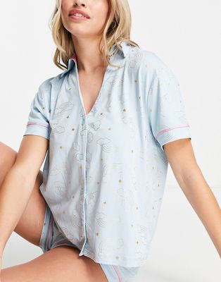 Chelsea Peers foil rainbow cloud short button up pajama set in pale blue