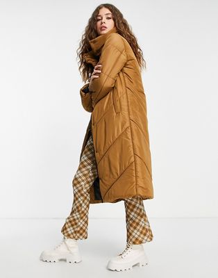 Violet Romance longline puffer coat with funnel neck in tan-Brown
