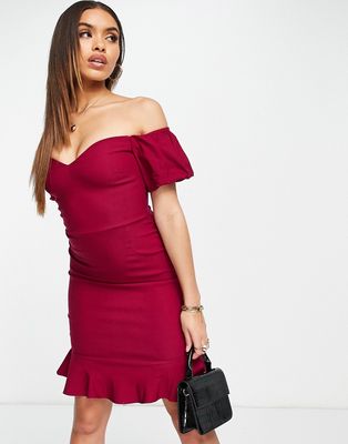 Vesper off shoulder mini dress in berry-Red