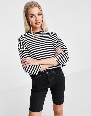 Noisy May cropped T-shirt in black & white stripe-Multi