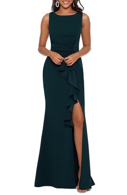 Betsy & Adam Ruffle Bow Trumpet Gown in Pine