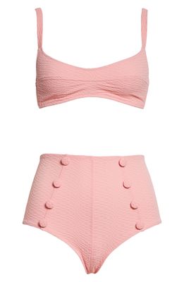 Lisa Marie Fernandez Magdalena Button High Waist Two-Piece Swimsuit in Vintage Pink Seersucker