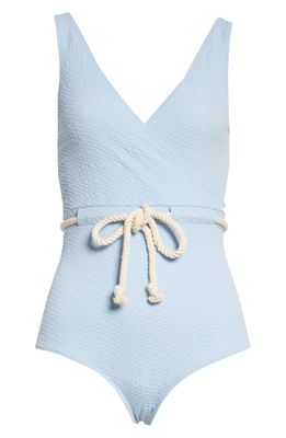 Lisa Marie Fernandez Yasmin Belted Seersucker One-Piece Swimsuit in Vintage Blue Seersucker