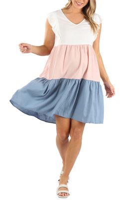 Angel Maternity Color Block Tiered Maternity/Nursing Dress in Blue/Pink