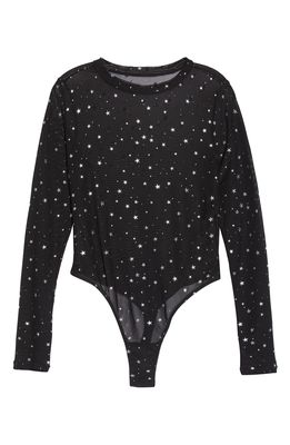 KILO BRAVA Embroidered Mesh Long Sleeve Bodysuit in Black/Foil Stars