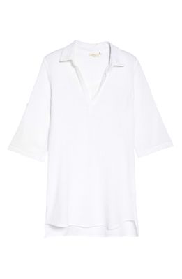 Elan Johnny Collar Cotton Cover-Up Shirt in White