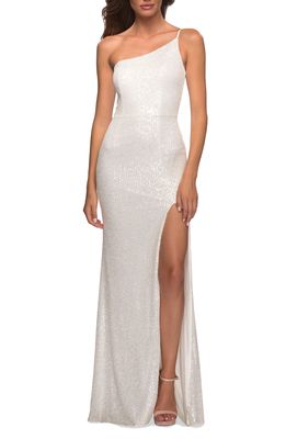 La Femme One-Shoulder Sequin Jersey Gown in White